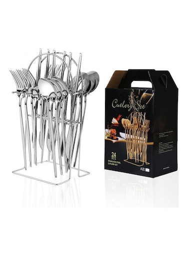 24-Piece Stainless Steel Cutlery Set with Storage Holder 20 x 13.8 x 27cm Silver 20 x 13.8 x 27cm