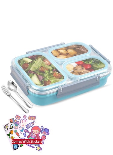 Large Bento Box Stainless Steel Lunch Box with 3 Compartments Reusable Lunch Food Container Set Meal Prep Containers for Adults Comes with Tableware and Cartoon Stickers (Blue 3 Compartment)