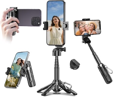 TNW Mini Selfie Stick Tripod with Detachable Remote, 3 in 1 Portable Phone Handle Grip with 2 Cold Shoes, Pocket Size Phone Tripod for Vlog Livestreaming Photography(Black)