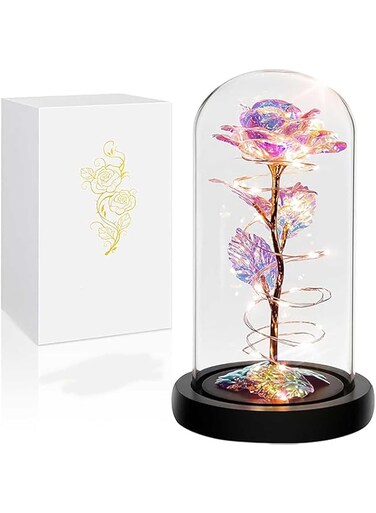 Tazweeq Birthday Gift for Kids, Rose Gift for Mum, Gift for Ladies, Glass Dome Light Up Colourful Roses, for Anniversary, Valentine's Day, Marriage