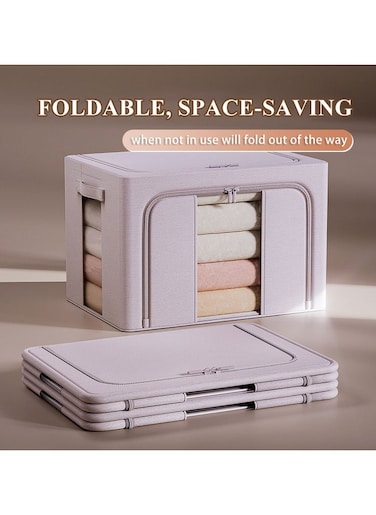 Light pink 100L Foldable Storage Box with Clear Windows - Polyester Fabric, Steel Frame Support, and Dual Zippers - Durable, Space-Saving Design with Handles for Easy Carrying