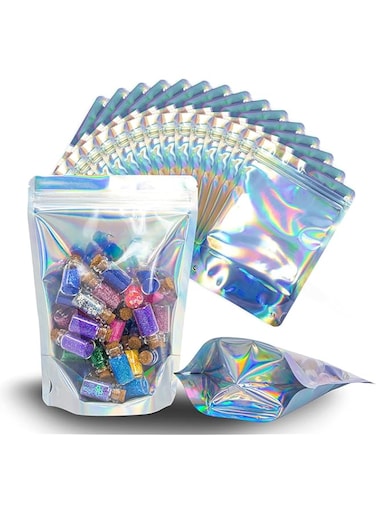 SYOSI 100 Pcs Holographic Bags, 4 x 6" Resealable Smell Proof Bags Resealable Bags for Packaging Ziplock Pouches Bags for Lip Gloss Packaging Mylar Bags for Party Favor Food Storage (4x6 Inch)