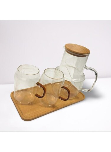 Pitcher &amp; Mug Set with Bamboo Tray &acirc;&euro;&ldquo; 4 Pcs   Elegant Heat-Resistant Glass   Transparent with Wooden Lid