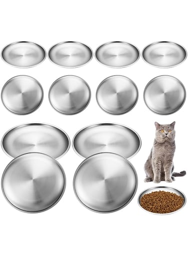 Domensi 12 Pieces Stainless Steel Whisker Friendly Cat Bowl Shallow Cat Food Dish 6.7 Inch Wet Feeding Bowls Flat Pet Dish Small Pet Plate for Kittens Ferrets Stray