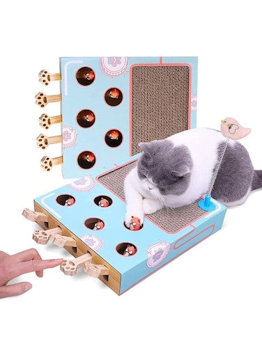 Cat Enrichment Toy - 3 in 1 Indoor Cat Toy Box Interactive, with Whack a Mole Game, Scratching Pad, Teaser Stick, Corrugated Cardboard Cat Scratcher - Interactive and Fun Toy for Smart Cats Train IQ