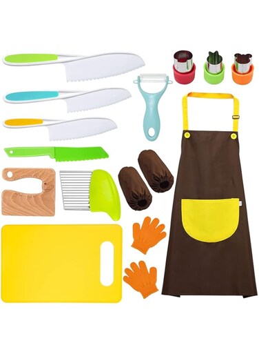 RISICULIS 14 Pieces toddler knife, Kids Knife Set Include Wood Kids Safe Knife, Plastic Toddler Knife, Cutting Board, Apron, Y Peeler, Crinkle Cutter, Kitchen Sleeves Covers, Gloves, Sandwich Cutter