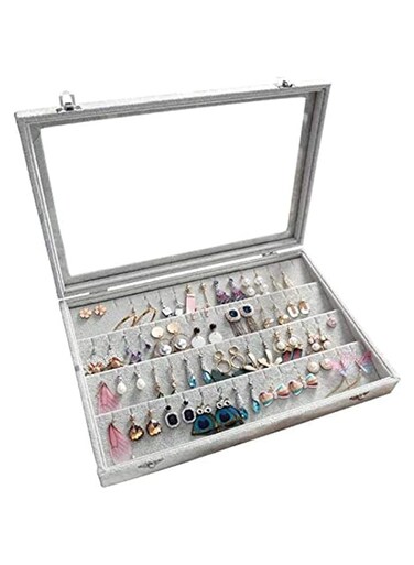 Beauenty Clear Lid Earrings Organizer Holder Velvet Jewelry Tray Display Showcase Storage 32 Pairs Earring Box Case Lockable Earrings Box
