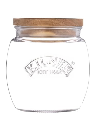 Kilner Universal Jar Wooden Lid 0.85 Litre Glass Food Container With Silicone Seals Kitchen Pantry Storage For Dry Food Like Grains, Pasta And Cereals