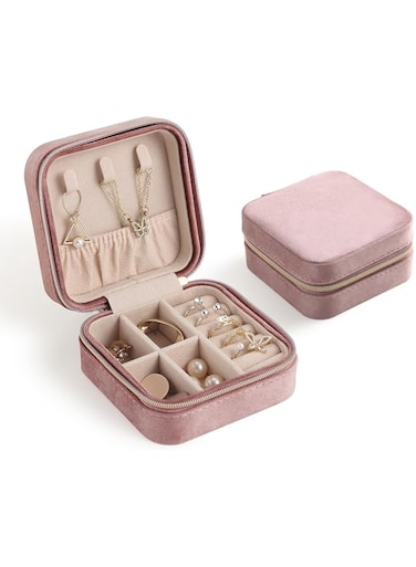 CASEGRACE Travel Jewelry Case, Plush Velvet Jewelry Box Small Jewelry Travel Organizer Display Rings Necklace Bracelet Earrings Storage Case for Women Girls, Pink