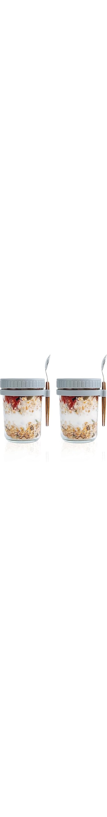 Overnight Oats Container with Lid and Spoon set,Overnight Oats Jars,12oz,Vegetable and fruit Salad Storage Container, Airtight Oatmeal Container for Cereal, Milk with Measurement Marks (Grey 2Pcs)