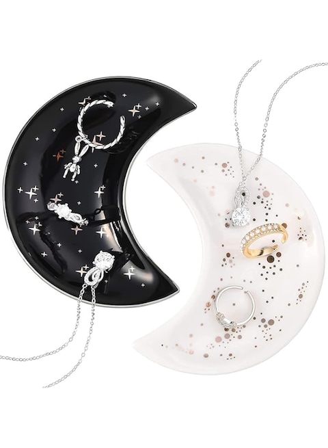 Moon Jewelry Dish Tray Set, 2 Decorative Ceramic Trinket Dishes, Modern Ring Holder Plates, Stylish Jewelry Storage for Vanity, Ideal for Valentine&#39;s Day and Everyday Use