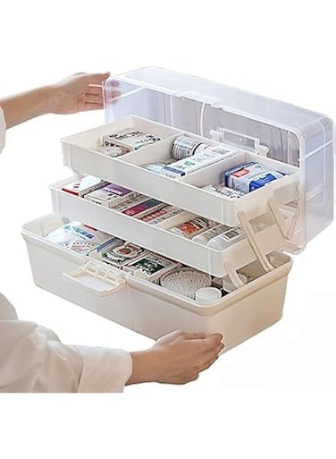 NKDMZD First aid kit, convenient three-layer plastic medicine locker, portable practical transparent medicine folding locker with lock handle