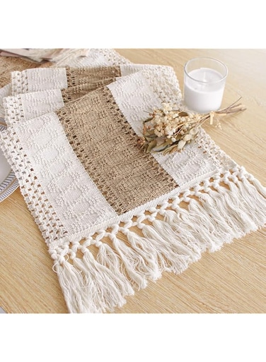 FEXIA Boho Table Runner 108 Inches Long for Christmas Home Decor Farmhouse Table Runner Cream &amp; Brown Rustic Macrame Table Runner for Bohemian Dining Bedroom Decor Bridal Shower (12x108 Inches)