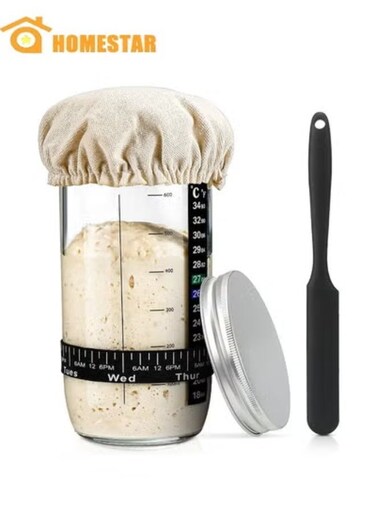 Sourdough Starter Jar with Date Marked Feeding Band, Thermometer, Sourdough Fermentation Jar Scraper, Sewn Cloth Cover, Aluminum Lid, Reusable Sourdough Starter Kit