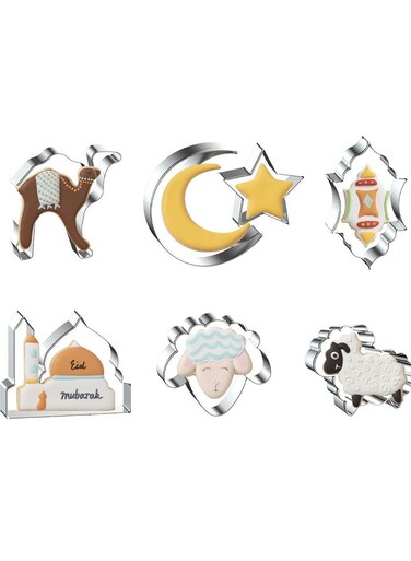 Stainless Steel Eid Cookie Cutter Set for Kids   6 Pieces - Mosque, Crescent, Camel, Lantern &amp; Sheep Shapes   Non-Stick, Food-Safe Baking Tool   Fun Kitchen Baking Activity