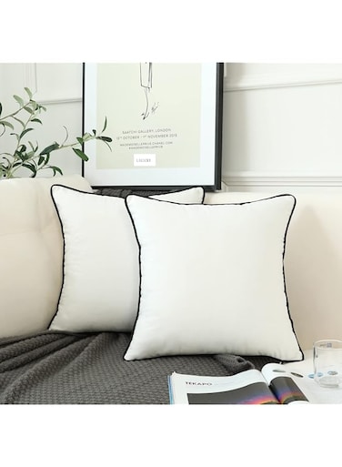 LIGICKY Set of 2 White Velvet Throw Pillow Covers Modern Minimalist Style Solid Decorative Black Rope Edging Soft Square Cushion Cases for Sofa Bedroom Party D&eacute;cor, 20 x 20 inch
