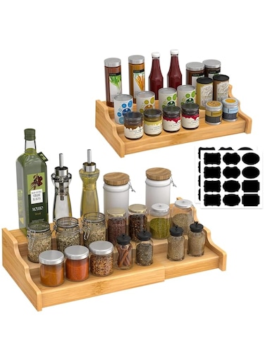 Spardar Spice Rack Kitchen Cabinet Organizer, 3-Tier Expandable Bamboo Spice Rack with Chalkboard Labels, Perfect for Kitchen Cabinets, Cabinets, Pantry, Bathroom and Bedroom
