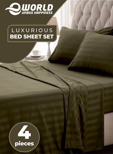 4-Piece Luxury King Size Dark Olive Green Striped Bedding Set Includes 1 Duvet Cover (220x240cm), 1 Fitted Bed Sheet (200x200+30cm), and 2 Pillow Cases (48x74+5cm) for Ultimate Hotel-Inspired Sophistication