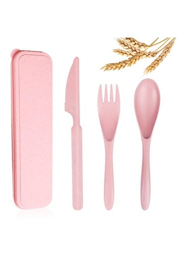 Reusable Wheat Straw Cutlery Spoon Knife Fork Tableware set Travel Utensils Set with Case Eco Friendly BPA Free Cutlery for Kids and Adults as Travel Picnic Camping Utensils Pink