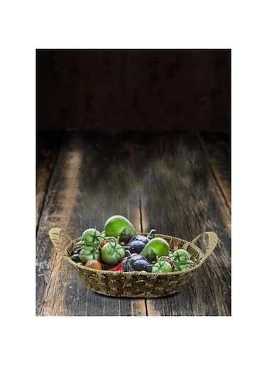 Decorative Hand Made Plastic Basket with Handle Woven Tabletop Food Fruit Vegetables Serving for Home Kitchen Restaurant 23x35x18cm Brown