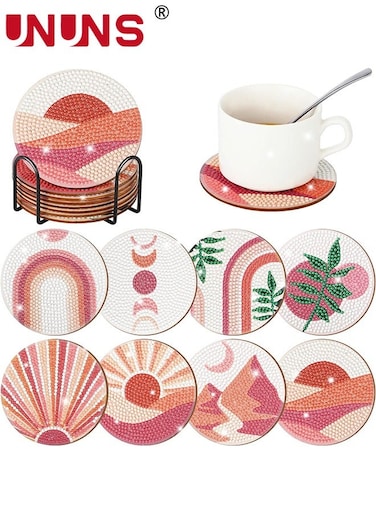 Diamond Coasters,8 Pcs Boho Diamond Painting With Holder,4 Inch DIY Inspirational Diamond Painting Kit For Drinks