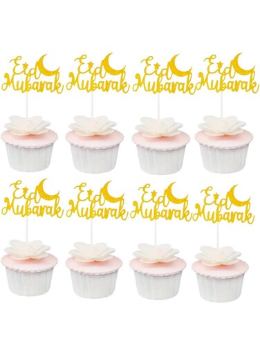 Eid Mubarak Cupcake Toppers, Gold Glitter Baking Decorating Muffins Desserts Sweets Fruits Iftar Party Supplies Table Setting