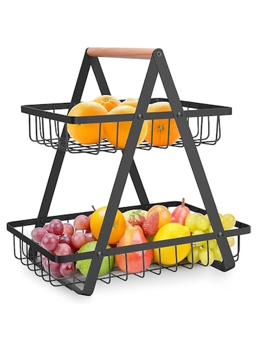 U-HOOME 2 Tier Fruit Basket Countertop for Kitchen, Fruit Bowl Bread Basket Vegetable Holder Storage Stand,Detachable Large Fruit Stand Organizer Kitchen Storage Baskets for Dining Table (Black)