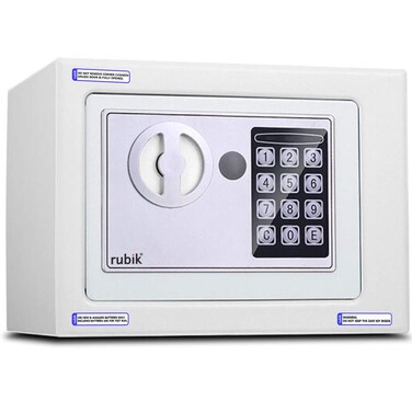 Rubik Mini Electronic Digital Security Safe Deposit Box With Electronic Keypad Lock and Physical Key For Home Office Hotel Jewelry Passport Watches Cash Storage (White)