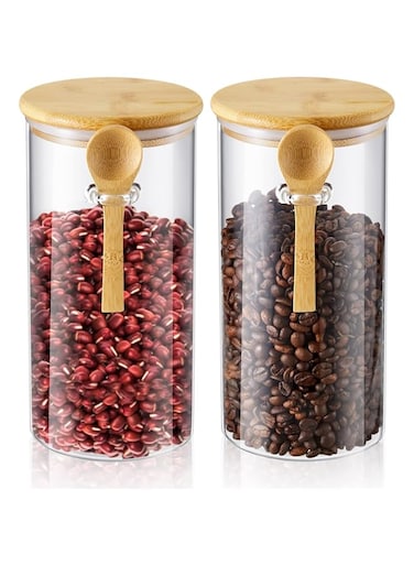 . Glass Spice Beans Jars with Bamboo Lid and Spoons, 47oz Airtight Food Storage Containers, Kitchen Pantry Canister Set for Coffee Bean, Sugar, Dry Goods,Tea, Spices and More (2 Set)