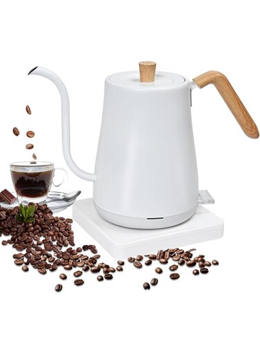 FALAHOM 800ml Gooseneck Electric Kettle, Wood Handle, Pour Over Tea Pot Stainless Steel for Coffee &amp; Tea with Fast Heating, 1000W Auto-Shut Off and Boil-Dry Protection Tech (Wood grain-White)
