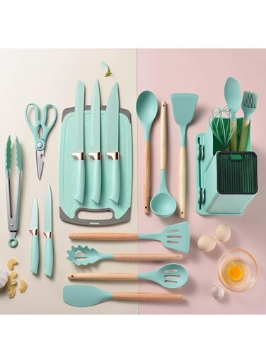 Complete 19Pcs Kitchen Utensil Set Featuring Silicone Cooking Tools, Wooden Handles, Knife Collection, Cutting Board, Non Scratch Spatulas and Spoons, Heat Resistant Daily Kitchen Essentials