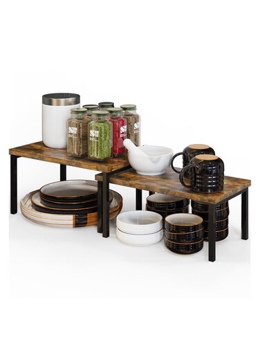 2 Pieces Kitchen Counter Shelves Organizer, Cabinet Organizer Shelf,Stackable Expandable Metal and Engineered Wood Cabinet Shelves, Storage Rack for Kitchen Office Bathroom Bedroom
