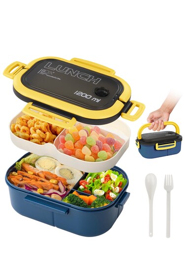 1200ML Bento Lunch Box, Leak-proof Double-layered with Handle Lunchbox, Reusable BPA-Free Lunch Container, Microwave/Dishwasher Safe, for Work, School, Travel, Outdoor