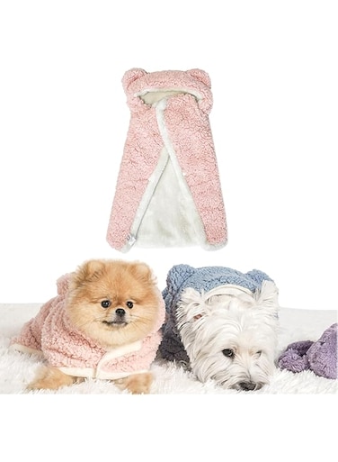 KASTWAVE Pet Dog Cape Blanket, Warm Soft Pullover Blanket Coat with Hood, Multi-Use Furry Dog Robes for Small &amp; Medium Dogs and Cats, Pet Apparel (Pink, M)