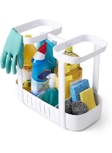 SinkSuite Under Sink Cleaning Caddy, Adjustable Cleaning Supplies Organizer for Kitchen and Bathroom Organization and Storage, Made of ABS Plastic, White