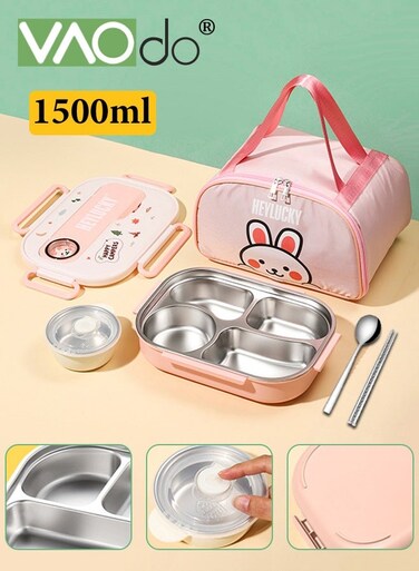 1500ML Lunch Box with Thermal Bag, 316 Stainless Steel, 4 Compartments Bento Box with Soup Bowl and Cutlery Set, Leak Proof, Food Storage Container with Lid, Microwave Dishwasher Freezer Safe