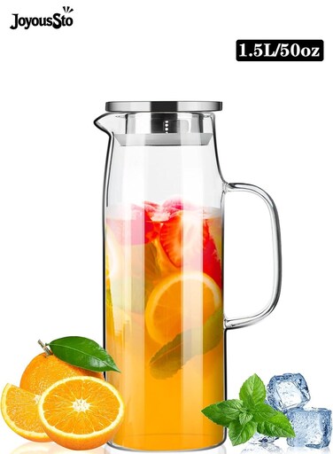 Glass Pitcher with Lid and Spout 50oz/ 1.5L, Hot/Cold Water Pitcher, Iced Tea Pitcher for the Shelf of Fridge, Easy to Clean, High Borosilicate Glass Pitcher for Lemonde, Juice and Milk