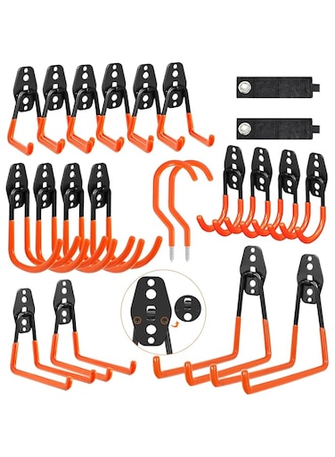 OUUTMEE Garage Heavy Duty Hooks, 22 pcs Wall-Mounted Tool Hooks, Heavy Duty Industrial Hooks for Hanging Storage Hooks with Wall Anchors and Screws - Orange