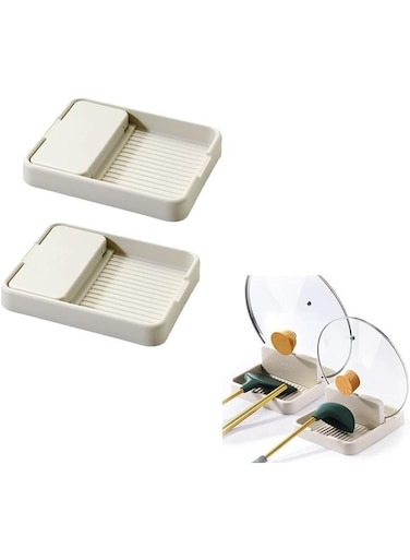 2-Pack Spoon Rest with Drip Pad - Utensil Holder for Kitchen (Beige)
