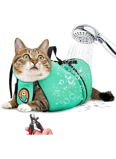 AWOOF Cat Grooming Bag Adjustable Cat Bathing Bag Anti Scratch Bite Polyester Soft Durable Mesh Cat Shower Bag for Small Medium Large Cats