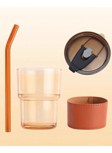 Glass Water Bottle with Clear, Leakproof Lids with Straw, Soda Cold Drink Reusable Healthy Glass for Office Domestic (Brown) 450 ML