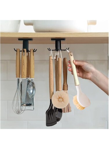 KAIOEYUH 2pcs Under Cabinet Kitchen Utensil Rack,360&deg; Rotating Under Shelf Kitchen Utility Hooks,Adhesive Kitchen Utensil Tools Storage Holder,Black