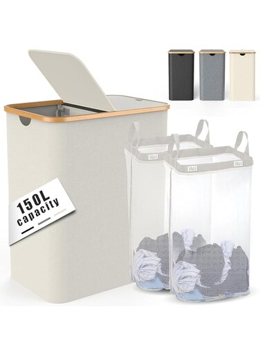 LTLCLZ 150L Large Laundry Basket with 2 Removable Inner Bags, Clothes Hampers for Laundry, Dirty Clothes Hamper, Foldable &amp; Space Saving (White)