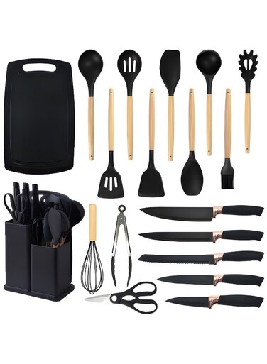 Silicone Kitchen Utensil Set Nonstick Cooking Tools, Stainless Steel Knives, Cutting Board, Spatula, Turner, Whisk, Heat-Resistant Nonstick Cookware Set With Wooden Handles