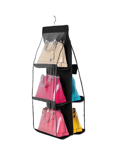 6 Pocket Transparent Hanging Handbag Organizer Black/Clear 13.8 X 35.4inch