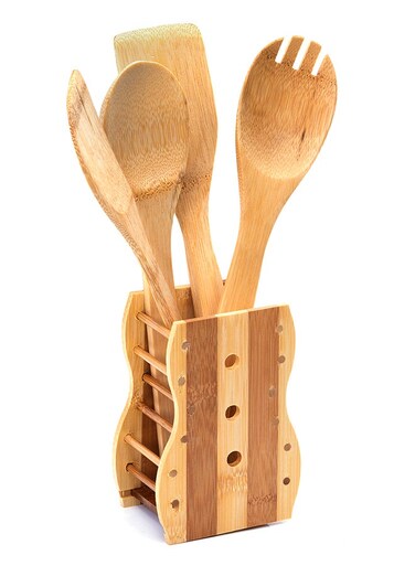 5 Piece Utensils Set Bamboo Cooking , Serving Wooden Spoon With Stand Each 30 Cm Long Sandal Yellow 30 x 6 x 0.5cm