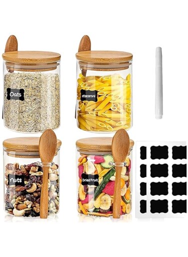 Diylove Glass Jars with Bamboo Lid &amp; Bamboo Spoons, 18.6 OZ Glass Food Storage Jars, 100% Heatproof Sealed Glass Canisters Jars for Overnight Oats,Spice,Cookies,Candy,Coffee Beans or Nuts 4 Pack