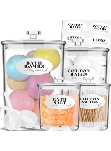 TIDIdea Bathroom Jars With Lids Set - 4 Pack Acrylic Apothecary Jars For Bath Bomb Holder, Bath Salt Container, Qtip Holder, Cotton Ball/Pad Holder - Ideal Bathroom Organizers And Storage Canisters