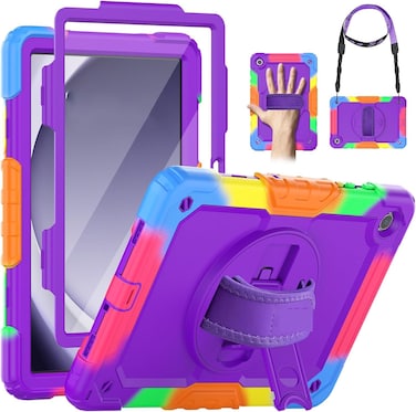 Case for Samsung Galaxy Tab A9 8.7 Inch 2023 Model (SM-X110/X115/X117) with Screen Protector &amp; 360 Degree Swivel Kickstand &amp; Hand Shoulder Strap - Purple