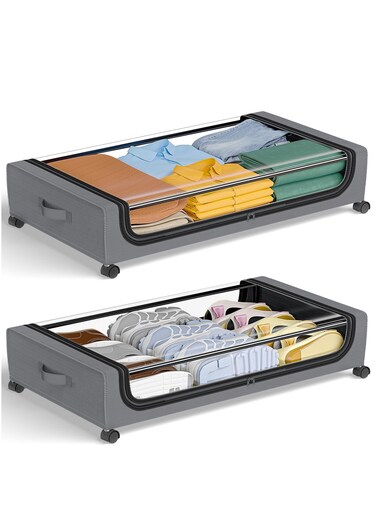 2pcs Under Bed Storage Box with Wheels and Lid 50L Large Clothes Shoes Organizer Bins Rolling Drawers Containers for Storing Blanket Toy